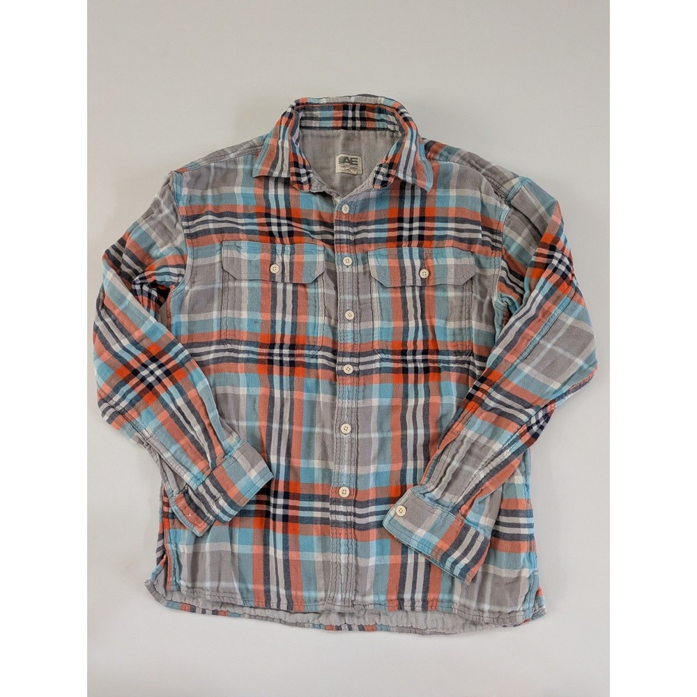 American Eagle Mens Plaid Flannel Shirt Orange Blue Gray Small Button Down